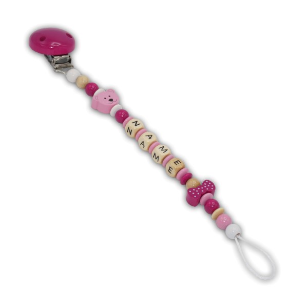 Schnullerkette Schleifenbär - mit Name - Mädchenschnullerkette - schleife - bär - pink - rosa - weiß
