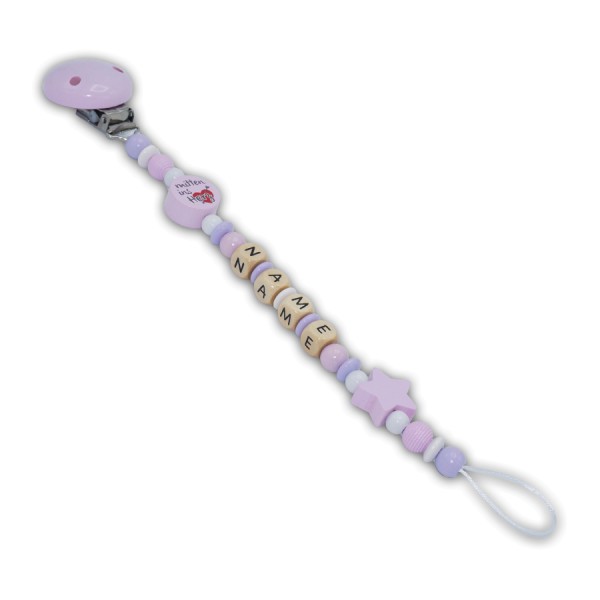 Schnullerkette Rosa Herzbauch - mit Name - Mädchenschnullerkette - herzbauch - flieder - weiß - rosa - rillenperlen - stern