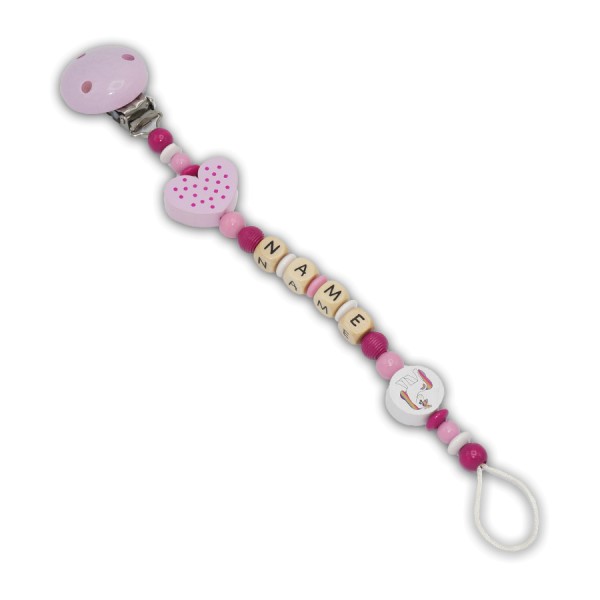 Schnullerkette Einhorn - mit Name - Mädchenschnullerkette - herz - rillenperle - einhorn - babyrosa - rosa - pink - dunkelpink - weiß