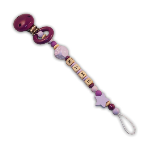 Schnullerkette Würfelstern - mit Name - Mädchenschnullerkette - würfel - stern - silikon - ring - purpurlila - flieder