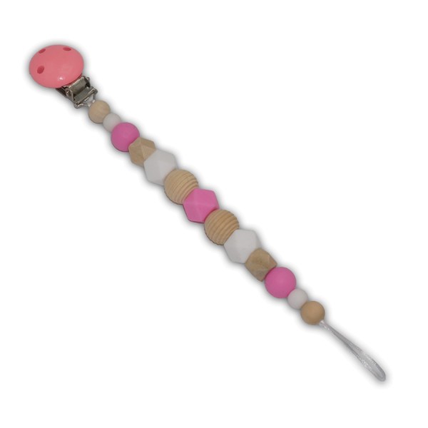 Schnullerkette Lolli - Mädchenschnullerkette - silikon - pink - weiß - natura - Rillenperlen - Silikonperlen - Hexagon